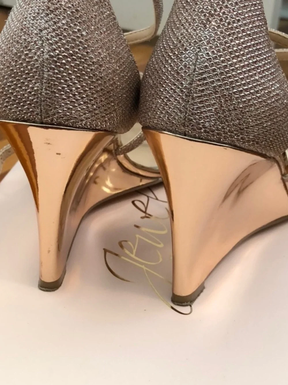 Badgley Mischka Rose Gold Glitter Wedge Sandals